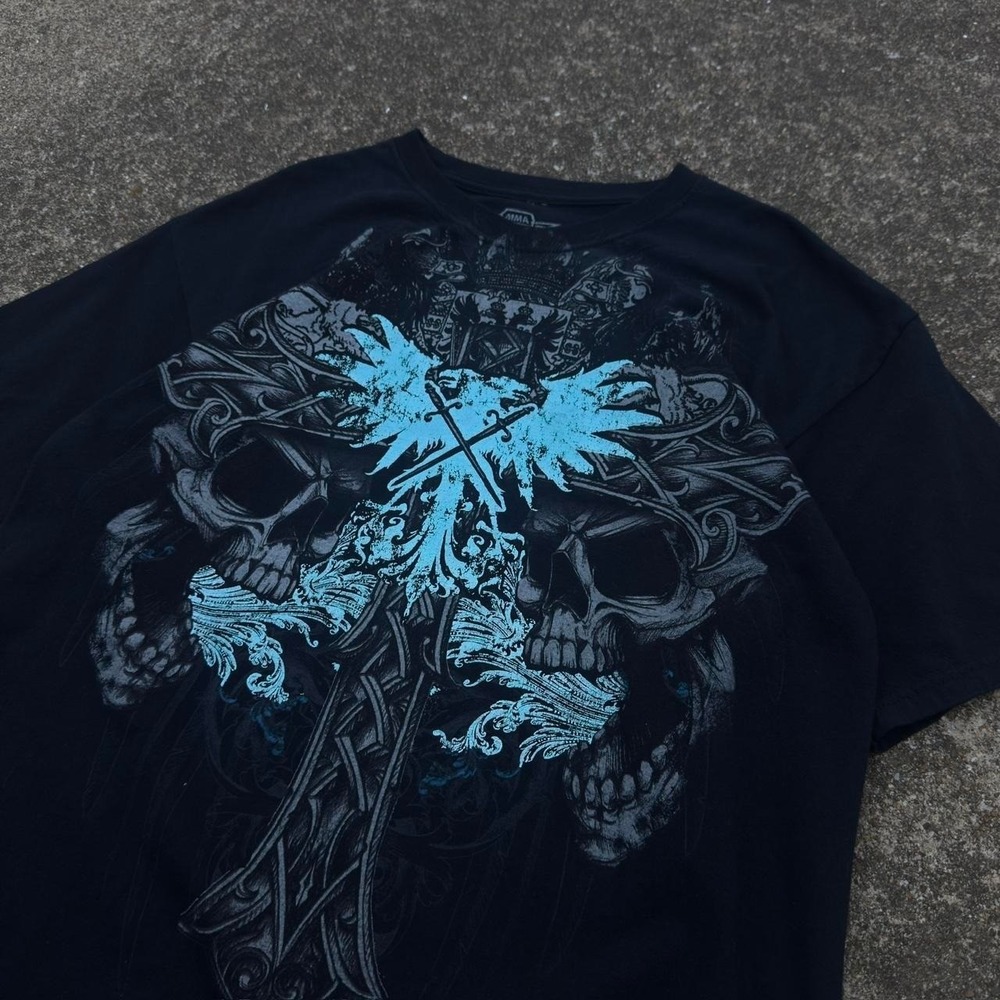 Vintage MMA Elite Skull Cross Graphic T Shirt Blue Y2K Streetwear Mens Large f10
